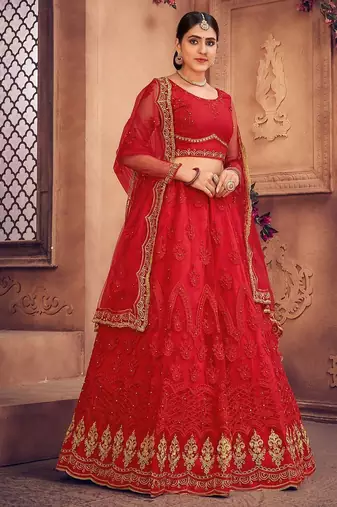 Red & Gold-Toned Embroidered Thread Work Semi-Stitched Lehenga & Unstitched Blouse With Dupatta