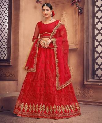 Red & Gold-Toned Embroidered Thread Work Semi-Stitched Lehenga & Unstitched Blouse With Dupatta 3