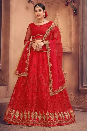 Red & Gold-Toned Embroidered Thread Work Semi-Stitched Lehenga & Unstitched Blouse With Dupatta