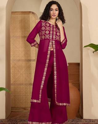 Floral chain embroidered thread work round neck tunic with trousers 1