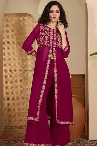 Floral chain embroidered thread work round neck tunic with trousers