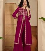Floral chain embroidered thread work round neck tunic with trousers