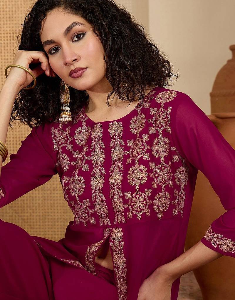 Floral chain embroidered thread work round neck tunic with trousers