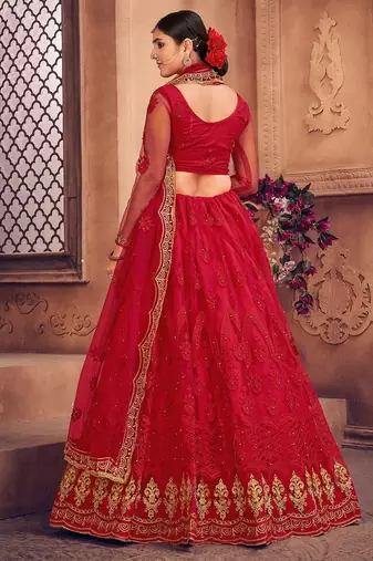 Red & Gold-Toned Embroidered Thread Work Semi-Stitched Lehenga & Unstitched Blouse With Dupatta
