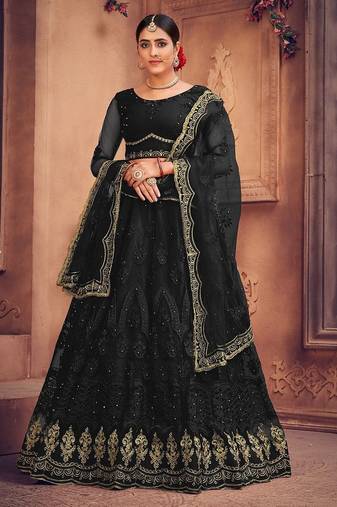Black & Gold-Toned Embroidered Thread Work Semi-Stitched Lehenga & Unstitched Blouse With Dupatta