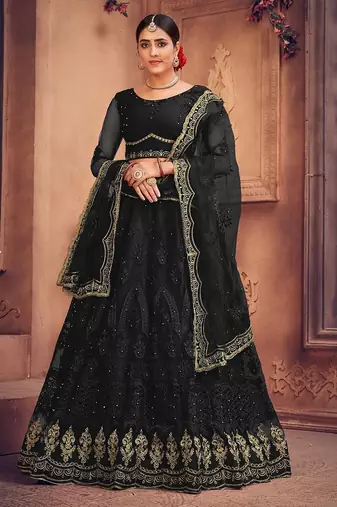 Black & Gold-Toned Embroidered Thread Work Semi-Stitched Lehenga & Unstitched Blouse With Dupatta