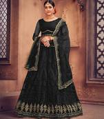 Black & Gold-Toned Embroidered Thread Work Semi-Stitched Lehenga & Unstitched Blouse With Dupatta