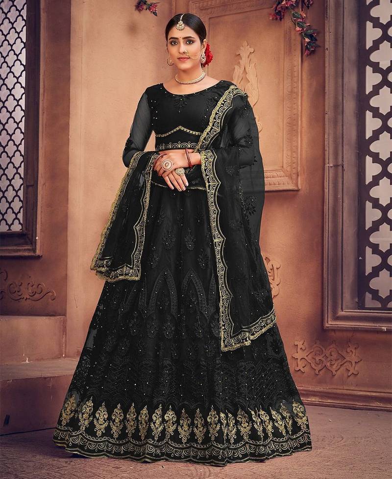Black & Gold-Toned Embroidered Thread Work Semi-Stitched Lehenga & Unstitched Blouse With Dupatta