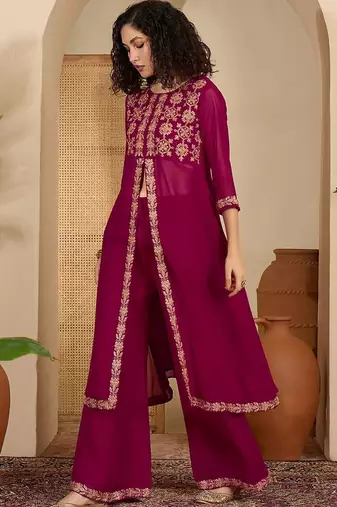 Floral chain embroidered thread work round neck tunic with trousers