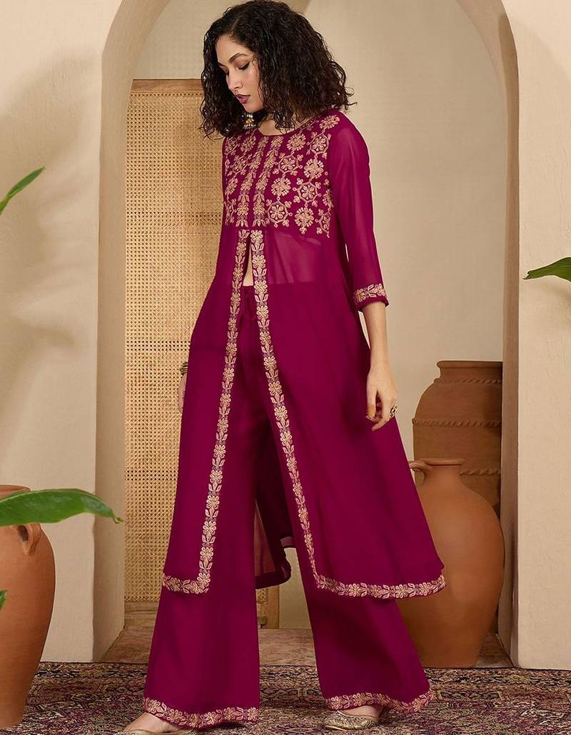 Floral chain embroidered thread work round neck tunic with trousers