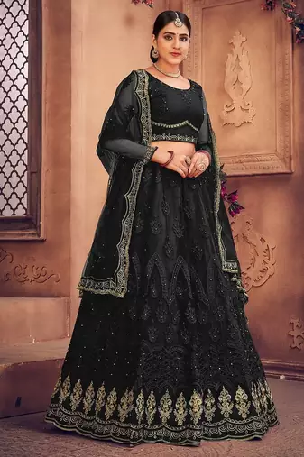 Black & Gold-Toned Embroidered Thread Work Semi-Stitched Lehenga & Unstitched Blouse With Dupatta