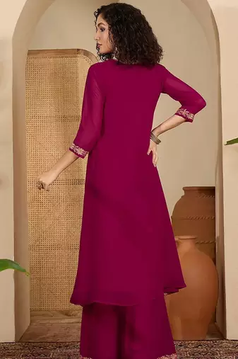 Floral chain embroidered thread work round neck tunic with trousers