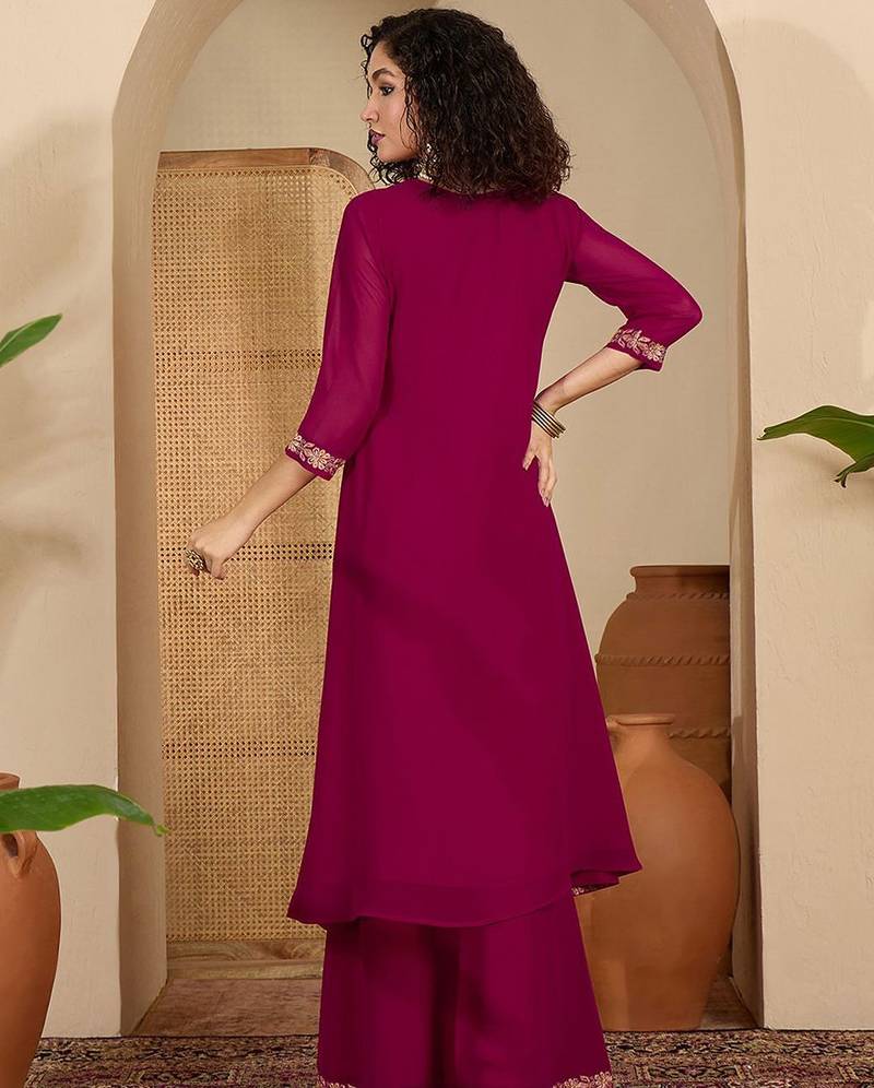 Floral chain embroidered thread work round neck tunic with trousers