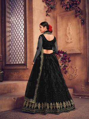 Black & Gold-Toned Embroidered Thread Work Semi-Stitched Lehenga & Unstitched Blouse With Dupatta 3