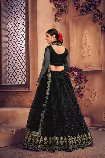 Black & Gold-Toned Embroidered Thread Work Semi-Stitched Lehenga & Unstitched Blouse With Dupatta