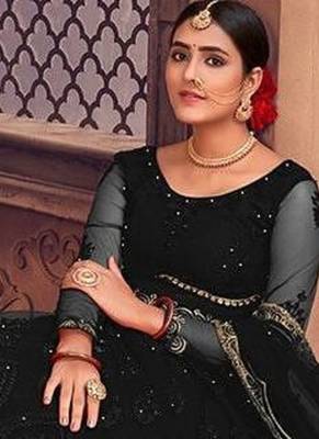 Black & Gold-Toned Embroidered Thread Work Semi-Stitched Lehenga & Unstitched Blouse With Dupatta 4