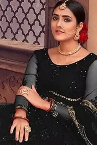 Black & Gold-Toned Embroidered Thread Work Semi-Stitched Lehenga & Unstitched Blouse With Dupatta