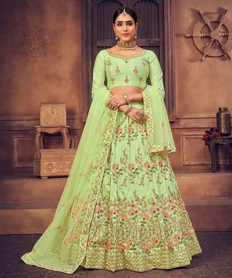 Green & Gold-Toned Embroidered Thread Work Semi-Stitched Lehenga & Unstitched Blouse With Dupatta 1