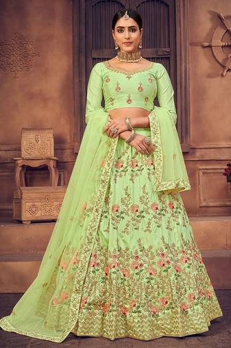 Green & Gold-Toned Embroidered Thread Work Semi-Stitched Lehenga & Unstitched Blouse With Dupatta