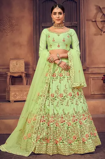 Green & Gold-Toned Embroidered Thread Work Semi-Stitched Lehenga & Unstitched Blouse With Dupatta
