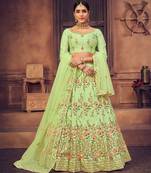 Green & Gold-Toned Embroidered Thread Work Semi-Stitched Lehenga & Unstitched Blouse With Dupatta