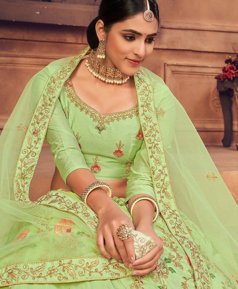 Green & Gold-Toned Embroidered Thread Work Semi-Stitched Lehenga & Unstitched Blouse With Dupatta
