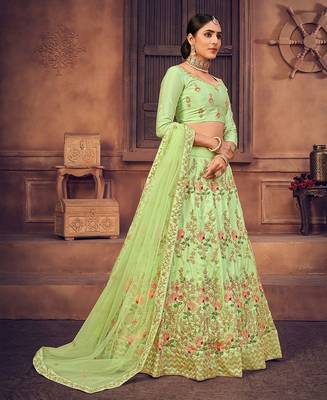 Green & Gold-Toned Embroidered Thread Work Semi-Stitched Lehenga & Unstitched Blouse With Dupatta 3
