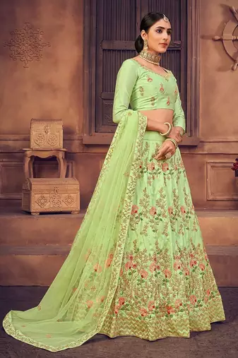 Green & Gold-Toned Embroidered Thread Work Semi-Stitched Lehenga & Unstitched Blouse With Dupatta