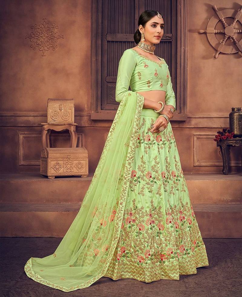 Green & Gold-Toned Embroidered Thread Work Semi-Stitched Lehenga & Unstitched Blouse With Dupatta