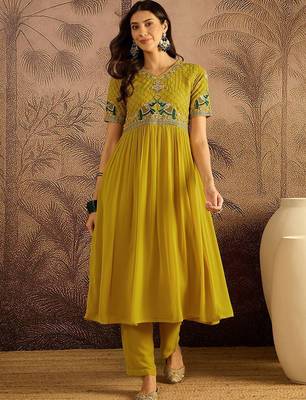Zari sequence thread embroidered a-line kurta with trousers 1