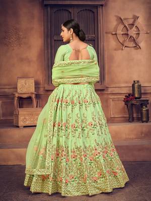Green & Gold-Toned Embroidered Thread Work Semi-Stitched Lehenga & Unstitched Blouse With Dupatta 4