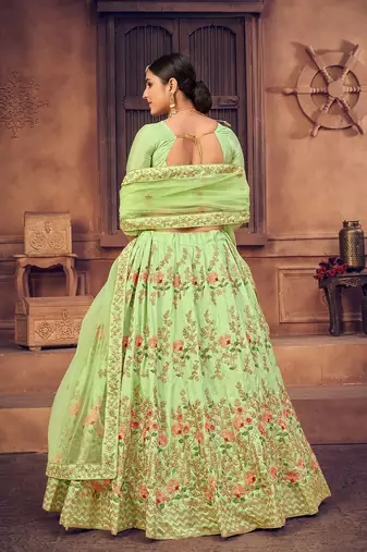 Green & Gold-Toned Embroidered Thread Work Semi-Stitched Lehenga & Unstitched Blouse With Dupatta