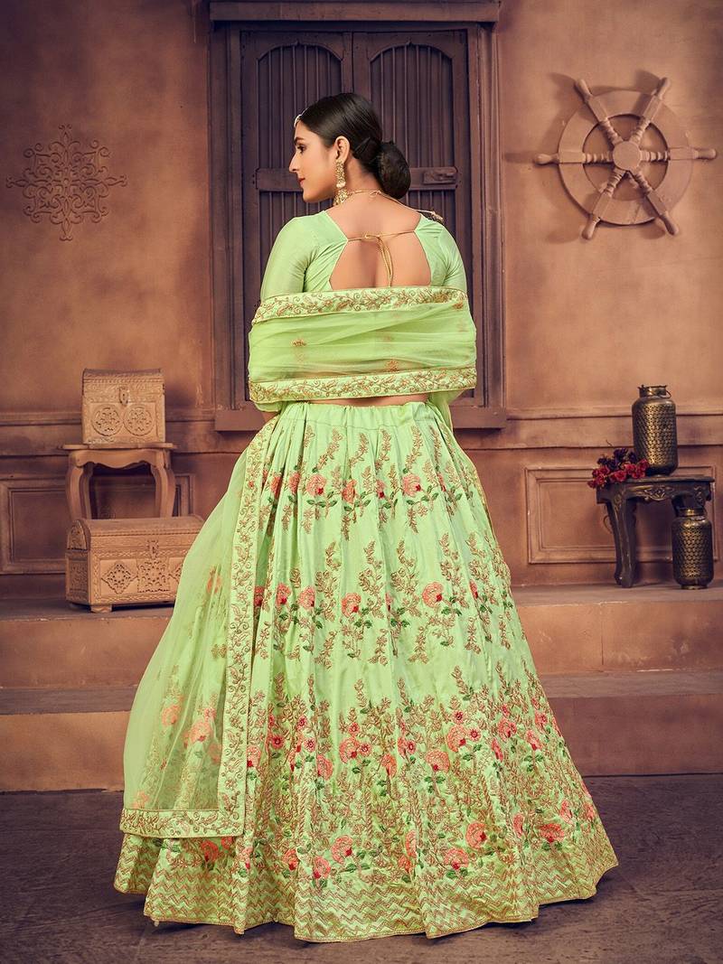 Green & Gold-Toned Embroidered Thread Work Semi-Stitched Lehenga & Unstitched Blouse With Dupatta