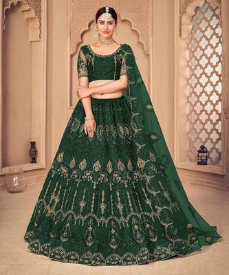 Green & Gold-Toned Embroidered Thread Work Semi-Stitched Lehenga & Unstitched Blouse With Dupatta 1