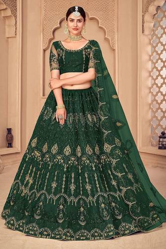 Green & Gold-Toned Embroidered Thread Work Semi-Stitched Lehenga & Unstitched Blouse With Dupatta