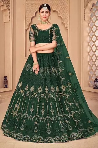 Green & Gold-Toned Embroidered Thread Work Semi-Stitched Lehenga & Unstitched Blouse With Dupatta