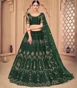 Green & Gold-Toned Embroidered Thread Work Semi-Stitched Lehenga & Unstitched Blouse With Dupatta