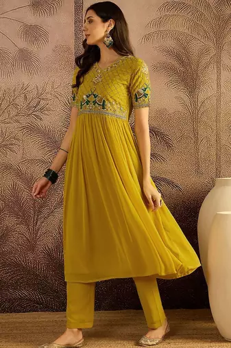 Zari sequence thread embroidered a-line kurta with trousers