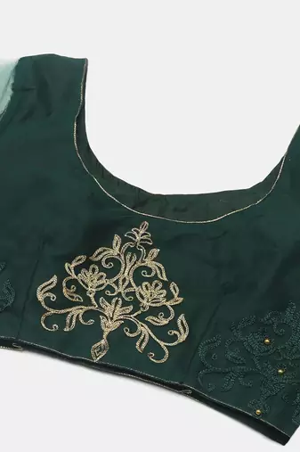 Green & Gold-Toned Embroidered Thread Work Semi-Stitched Lehenga & Unstitched Blouse With Dupatta
