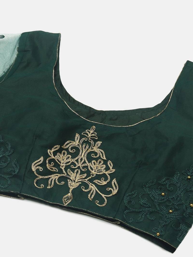 Green & Gold-Toned Embroidered Thread Work Semi-Stitched Lehenga & Unstitched Blouse With Dupatta