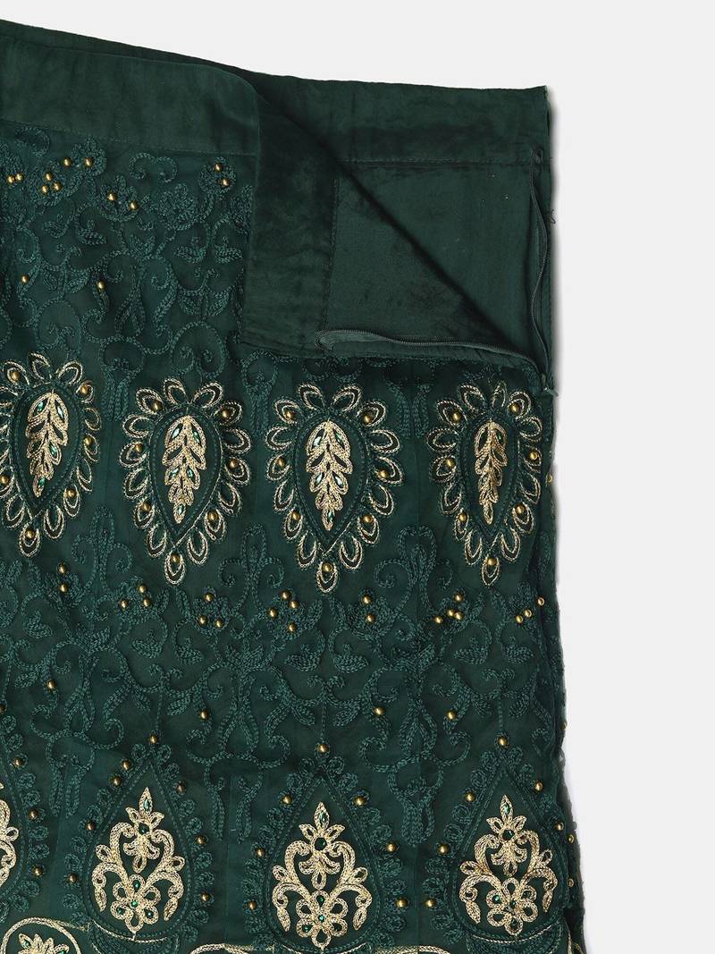 Green & Gold-Toned Embroidered Thread Work Semi-Stitched Lehenga & Unstitched Blouse With Dupatta