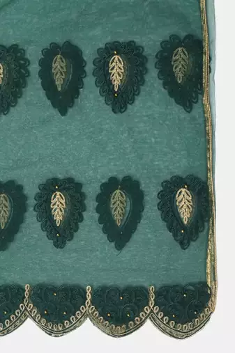 Green & Gold-Toned Embroidered Thread Work Semi-Stitched Lehenga & Unstitched Blouse With Dupatta