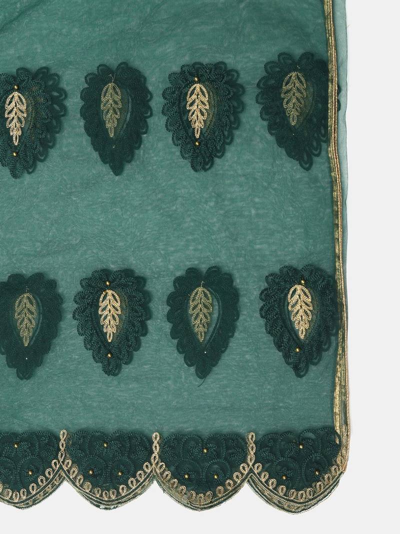 Green & Gold-Toned Embroidered Thread Work Semi-Stitched Lehenga & Unstitched Blouse With Dupatta