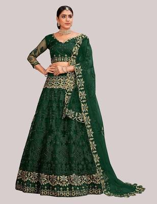 Green & Gold-Toned Embroidered Thread Work Semi-Stitched Lehenga Choli Set 1