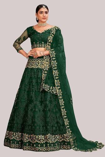 Green & Gold-Toned Embroidered Thread Work Semi-Stitched Lehenga Choli Set