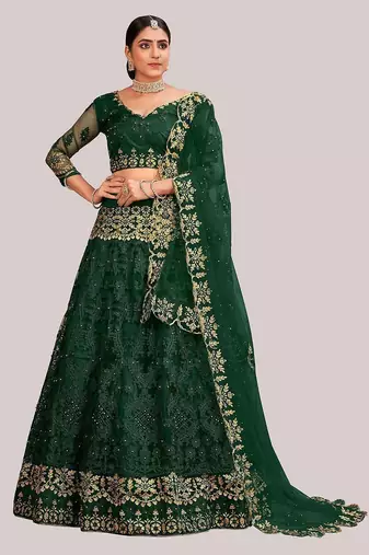 Green & Gold-Toned Embroidered Thread Work Semi-Stitched Lehenga Choli Set