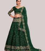 Green & Gold-Toned Embroidered Thread Work Semi-Stitched Lehenga Choli Set
