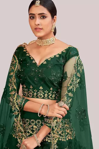 Green & Gold-Toned Embroidered Thread Work Semi-Stitched Lehenga Choli Set
