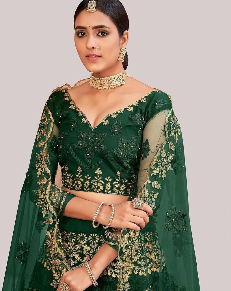 Green & Gold-Toned Embroidered Thread Work Semi-Stitched Lehenga Choli Set