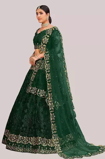 Green & Gold-Toned Embroidered Thread Work Semi-Stitched Lehenga Choli Set